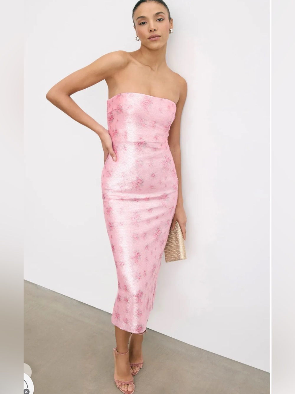 LoveShackFancy Stasia Sequin Pink Strapless Midi Dress Size 10
